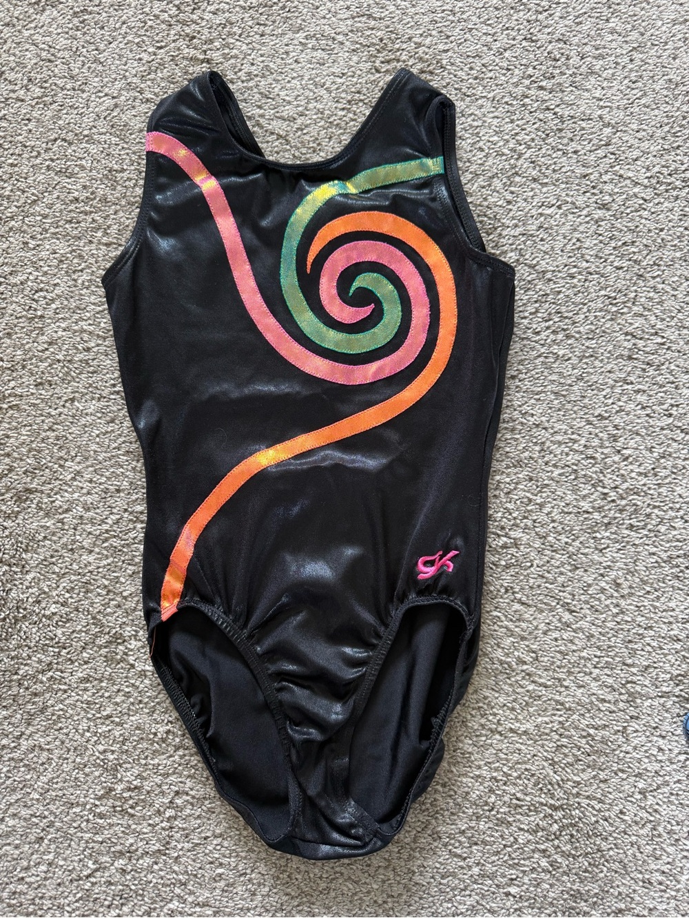 GK Black Leotard with Neon Pink, Orange and Green Spiral